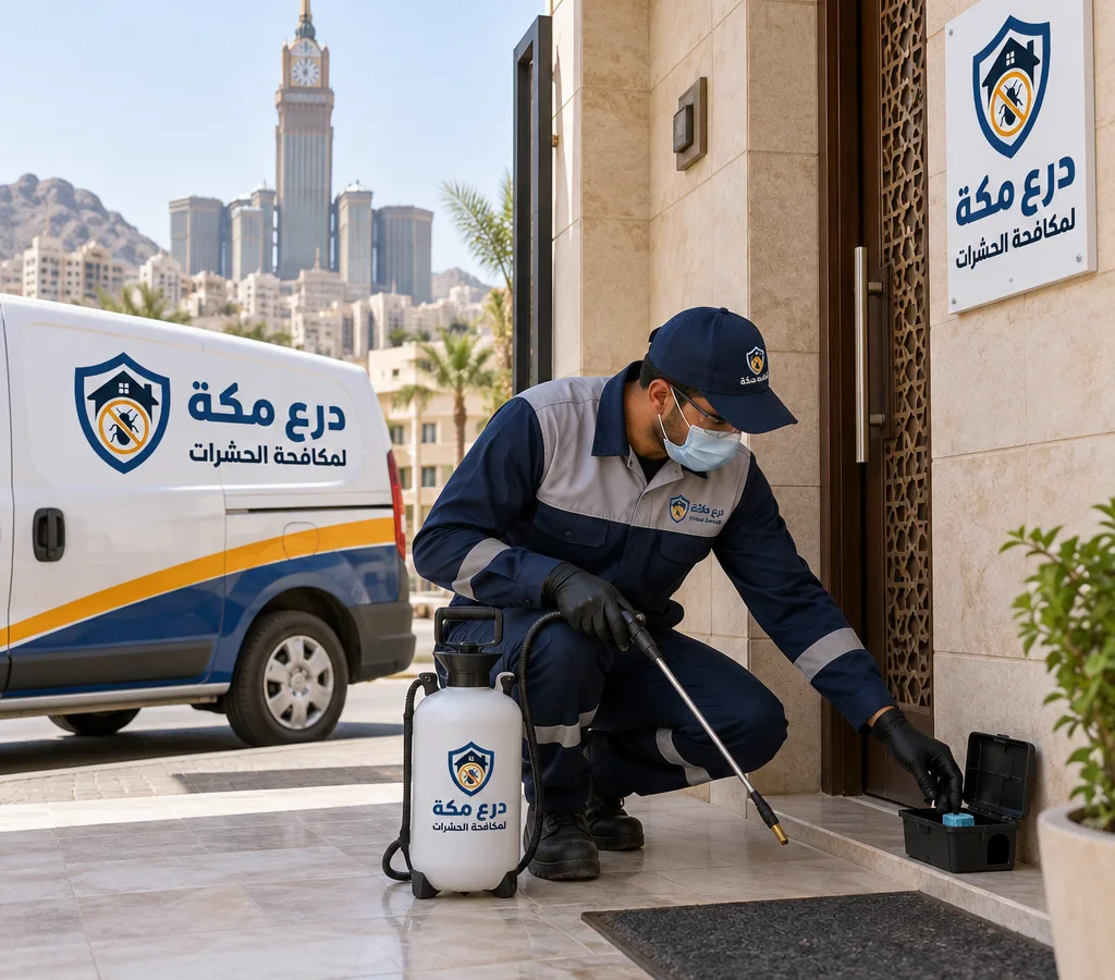 Licensed pest control technician treating a residential entrance in Makkah