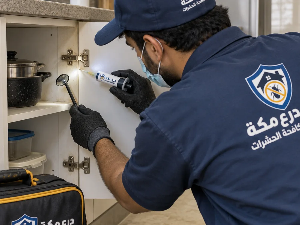 Technician applying cockroach gel bait and inspecting kitchen cabinet harborages